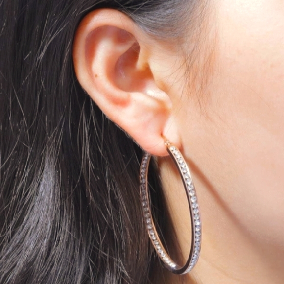 Rose Gold Clear Stone Rhinestone Hoop Earrings Sparkle CZ Crystal Channel Hoops - Picture 2 of 8